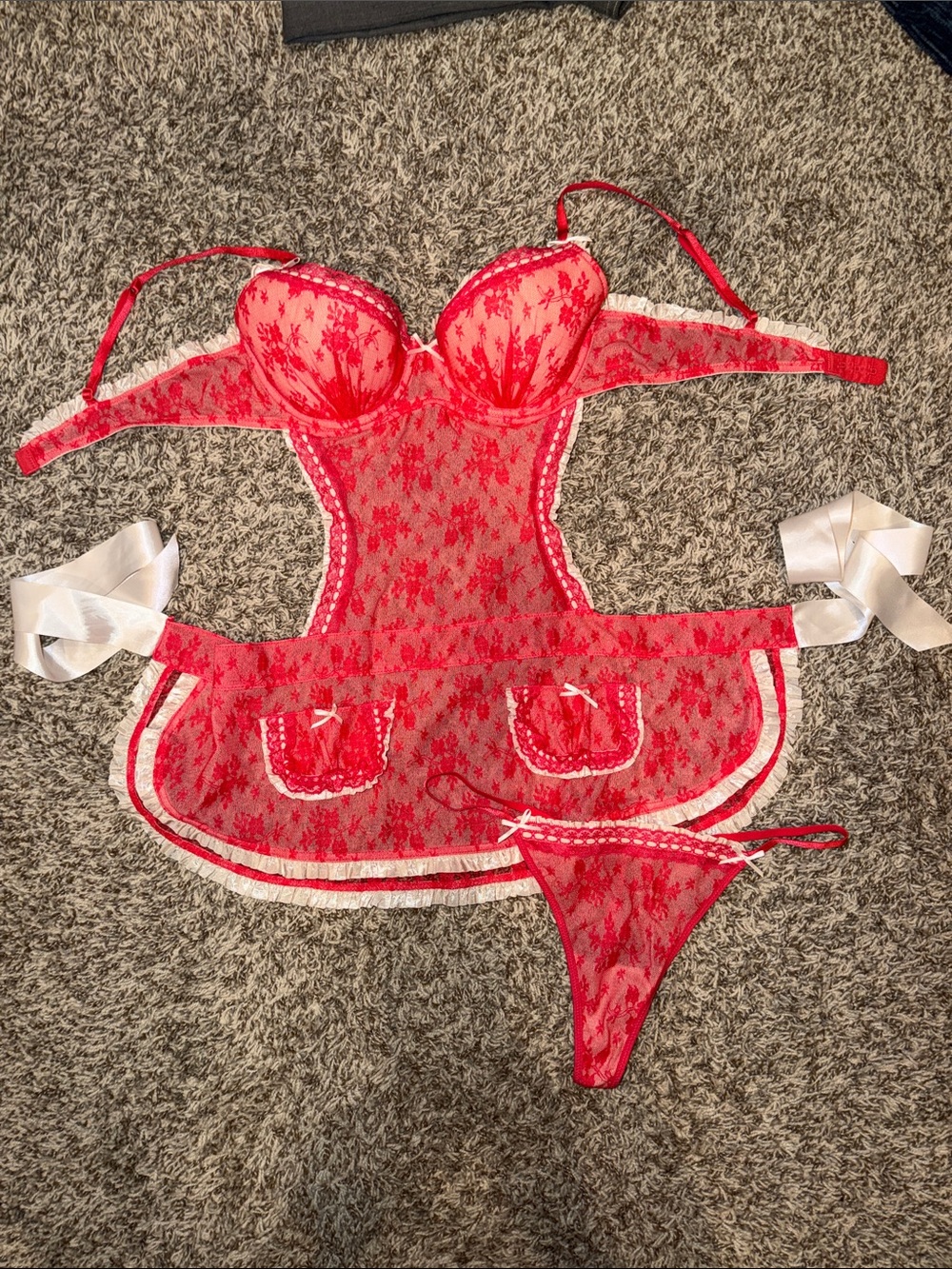 Victoria's Secret Red Lace Apron Chemise with Thong